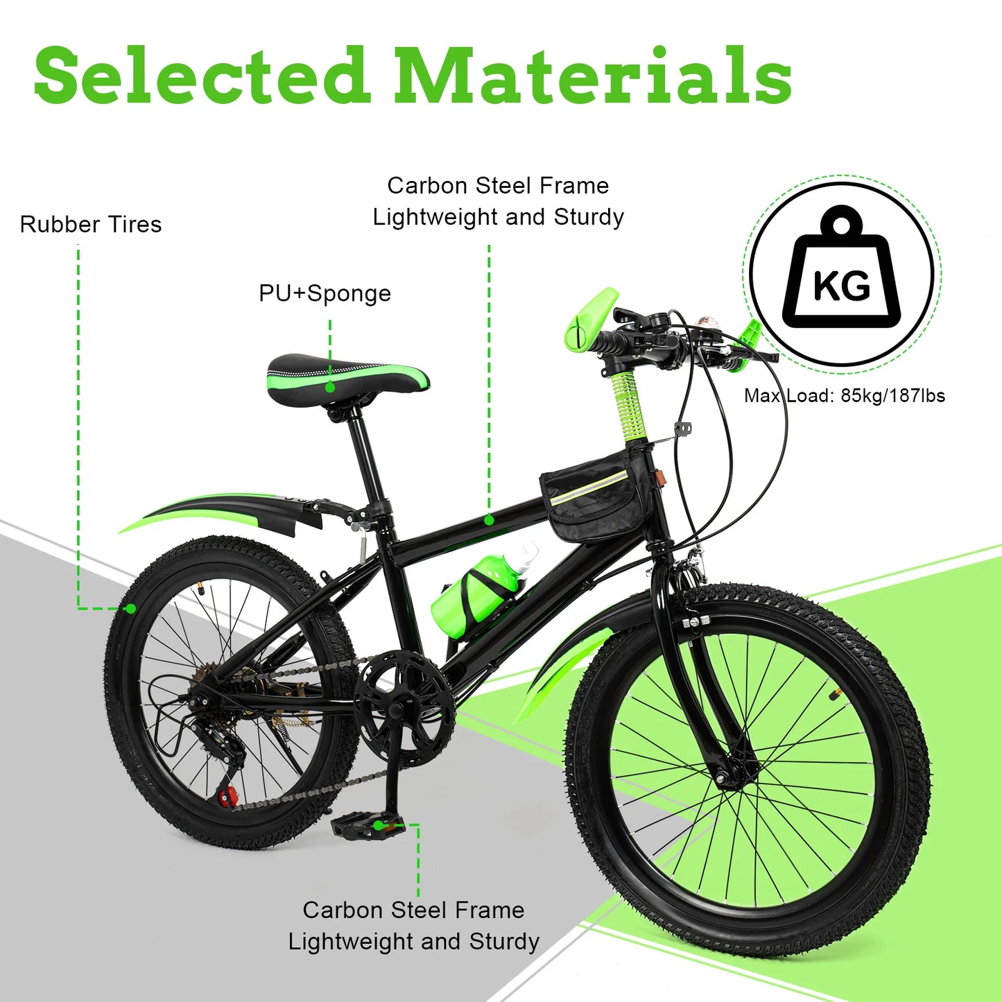 20 Inch Kids Bike Children Bicycle for Boys Girls Ages 8-12 Years Old, MTB Mountain Bike 7 Speed City Bike, GREEB/RED
