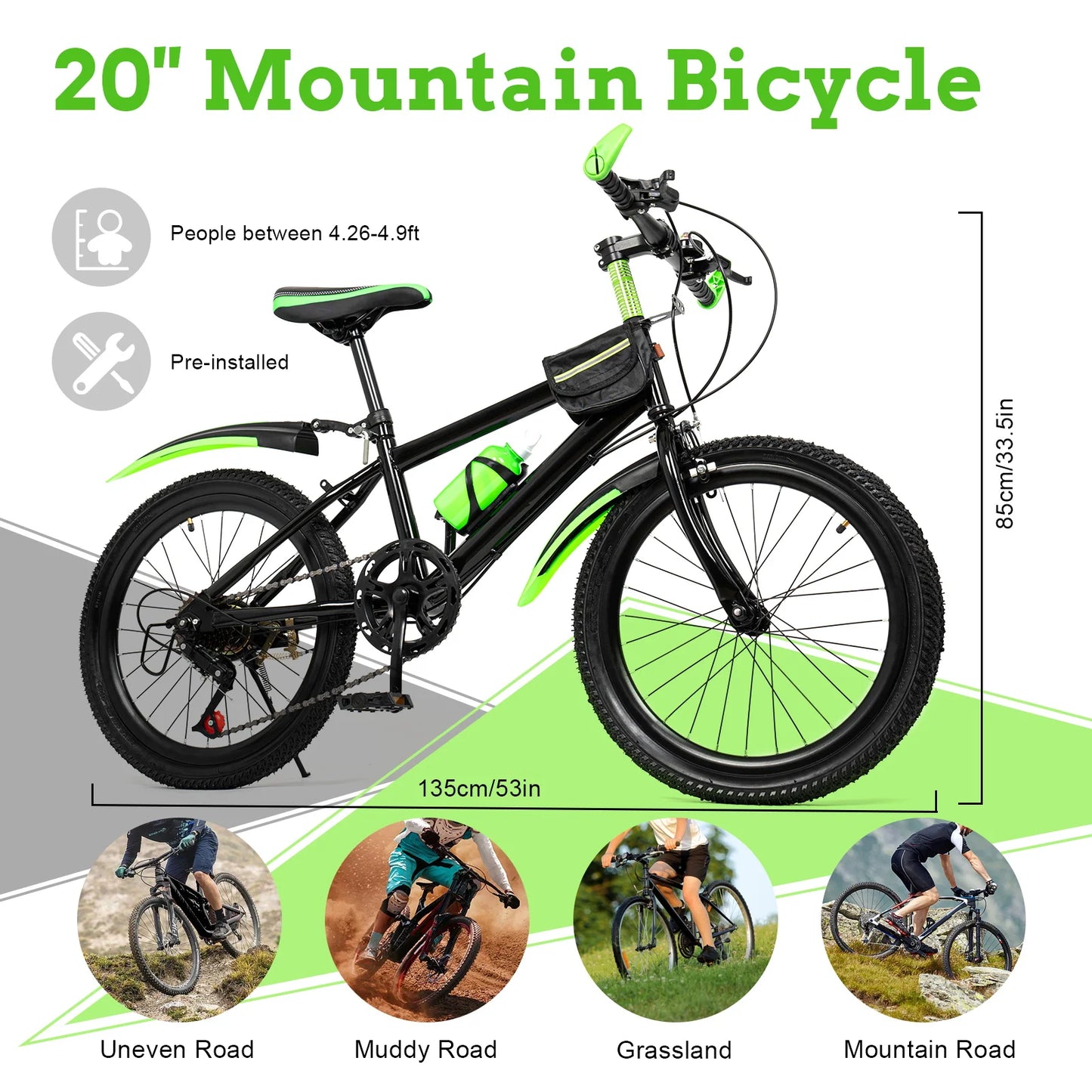 20 Inch Kids Bike Children Bicycle for Boys Girls Ages 8-12 Years Old, MTB Mountain Bike 7 Speed City Bike, GREEB/RED