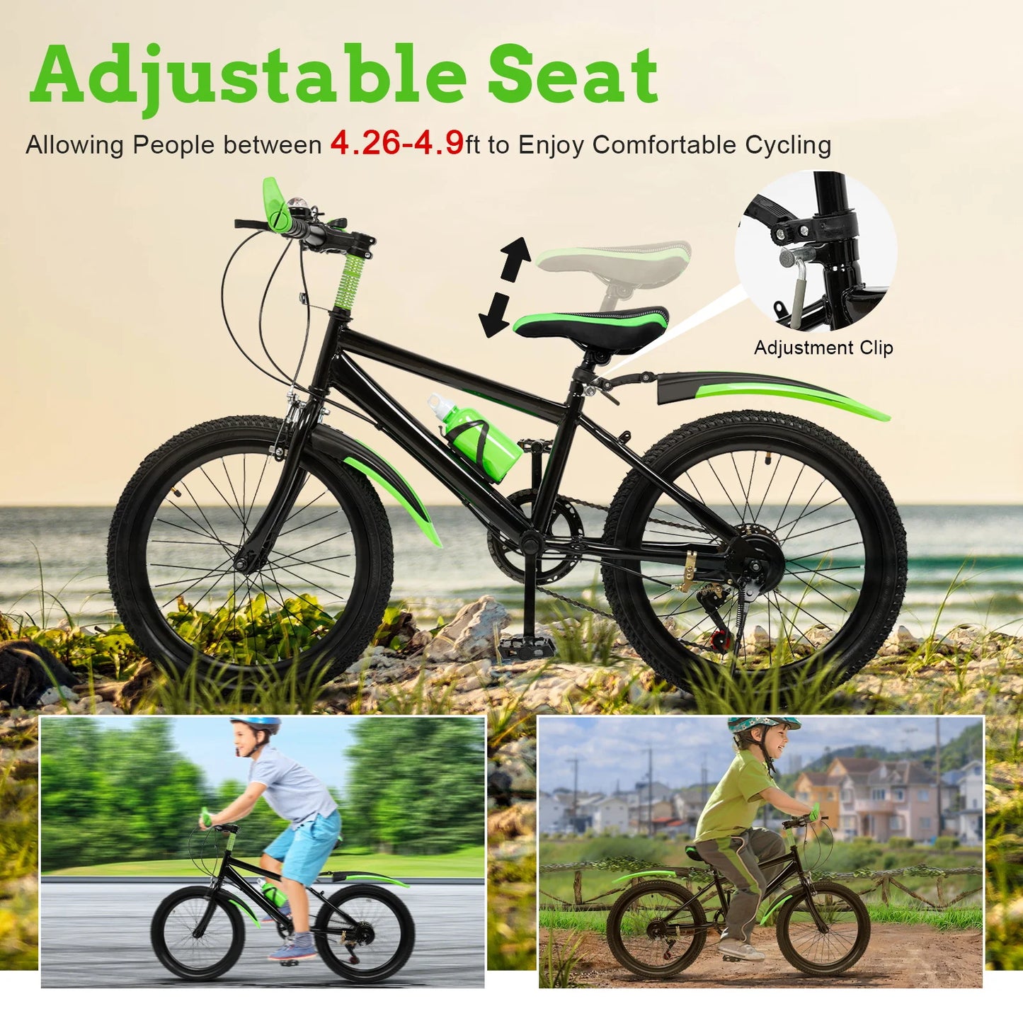 20 Inch Kids Bike Children Bicycle for Boys Girls Ages 8-12 Years Old, MTB Mountain Bike 7 Speed City Bike, GREEB/RED