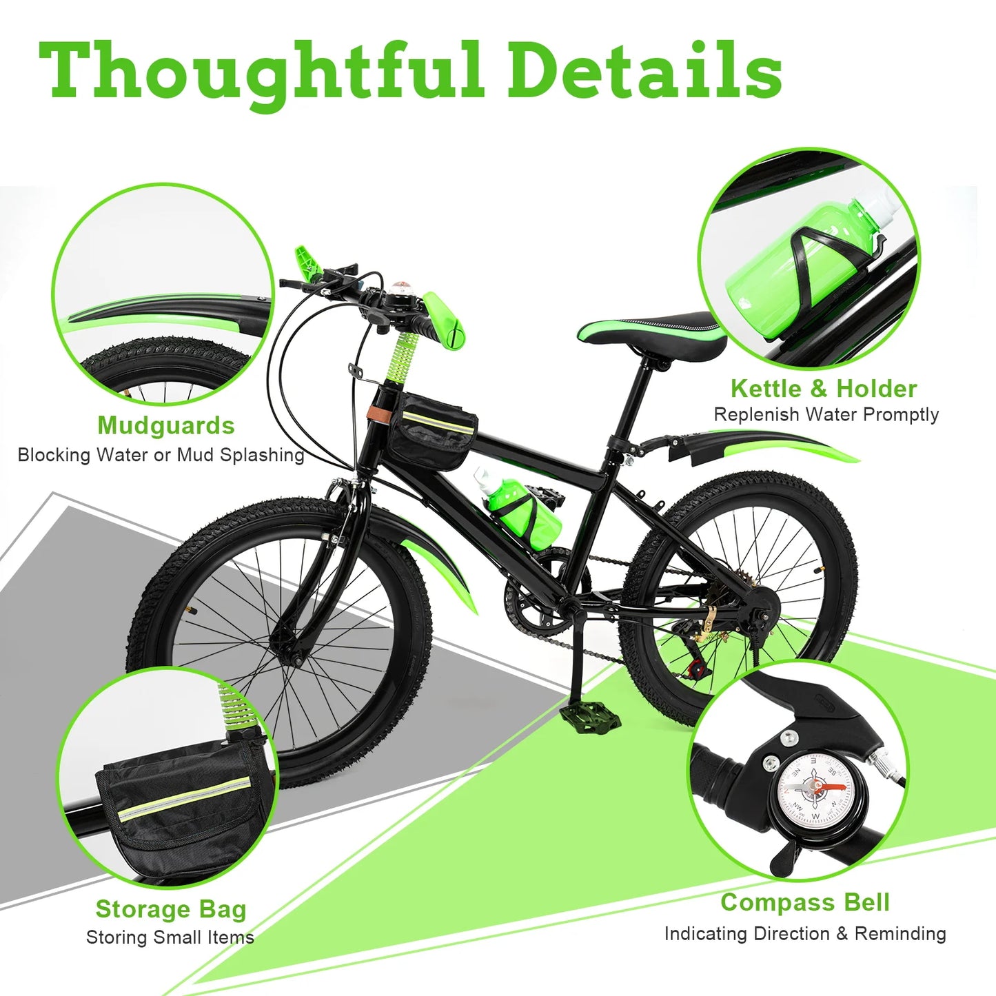 20 Inch Kids Bike Children Bicycle for Boys Girls Ages 8-12 Years Old, MTB Mountain Bike 7 Speed City Bike, GREEB/RED