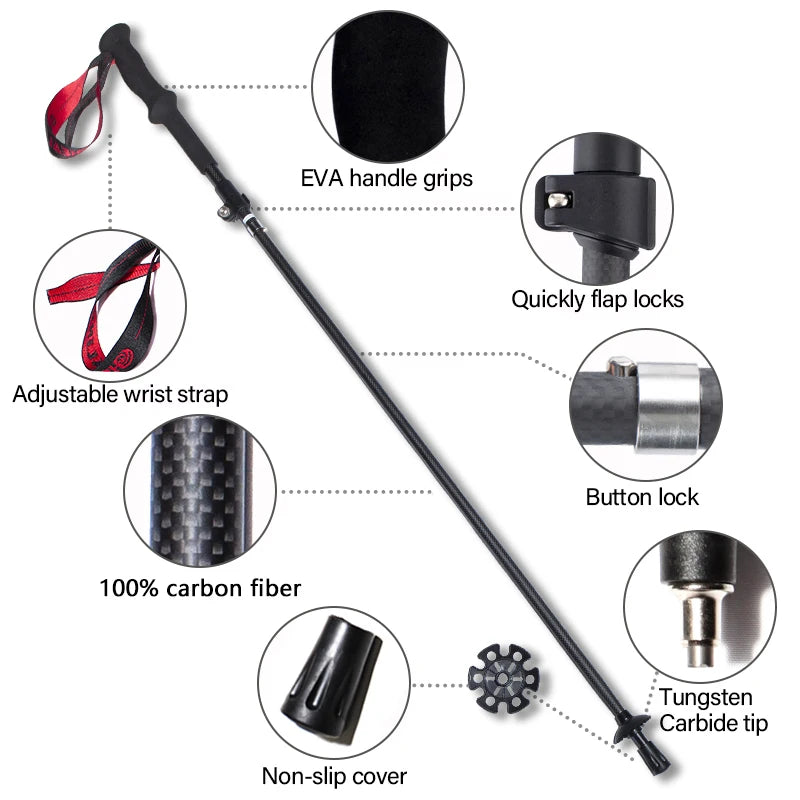 Local+ Ultralight Carbon Fiber Trekking Poles Outdoor Hiking Cane Folding Telescopic Nordic Mountain Climbing Pole Walking Stick