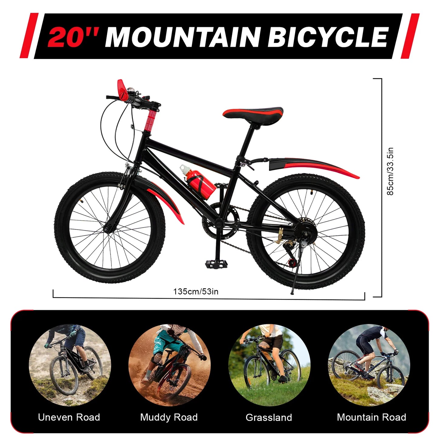 20 Inch Kids Bike Children Bicycle for Boys Girls Ages 8-12 Years Old, MTB Mountain Bike 7 Speed City Bike, GREEB/RED