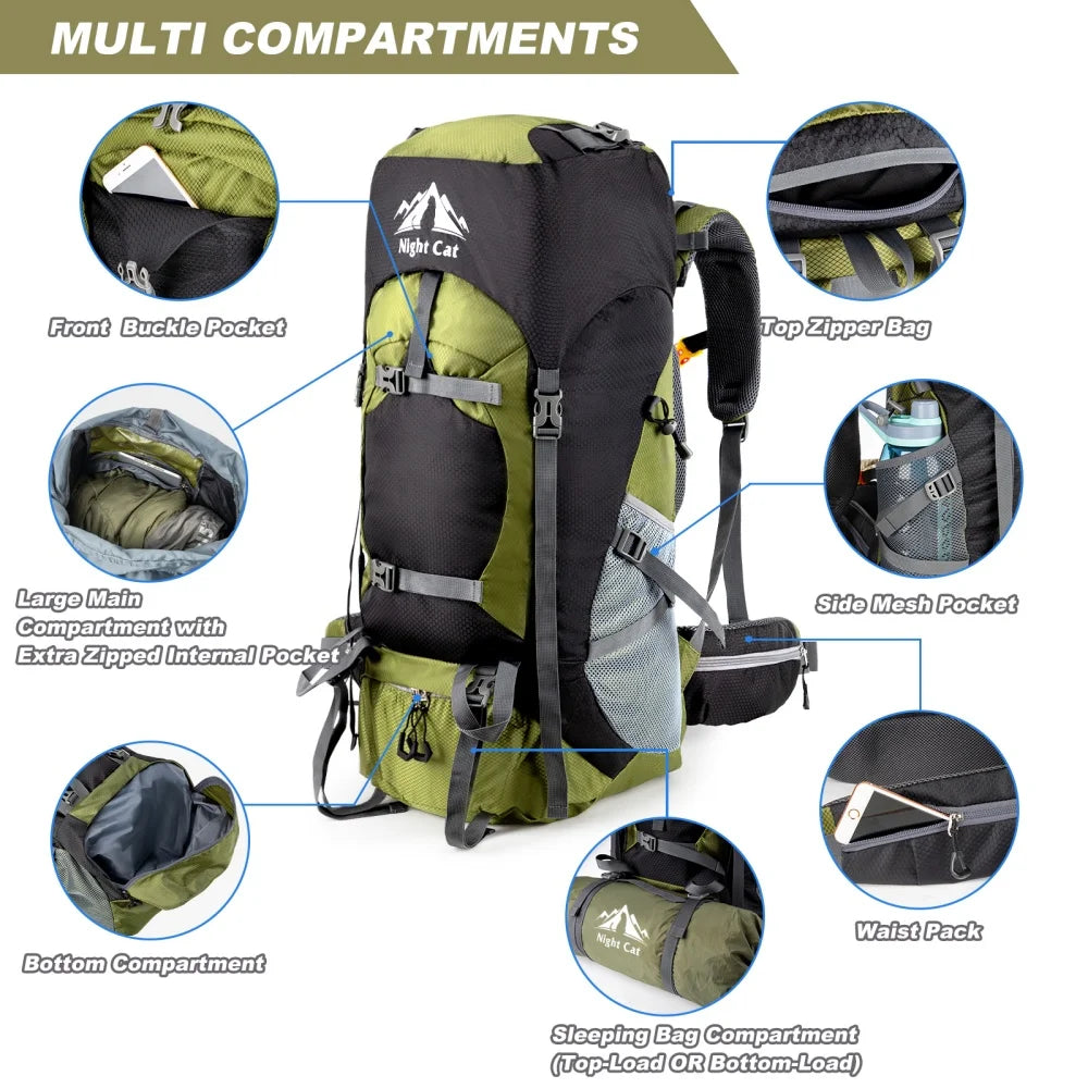 Night Cat Hiking Backpacks Camping Backpacking Packs for Men Women Lightweight Outdoor for Mountaineering Traveling, No Internal Frame